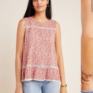 Anthropologie Maeve Quinn Lace Peplum Red Floral Lace Trim Top Size S Small